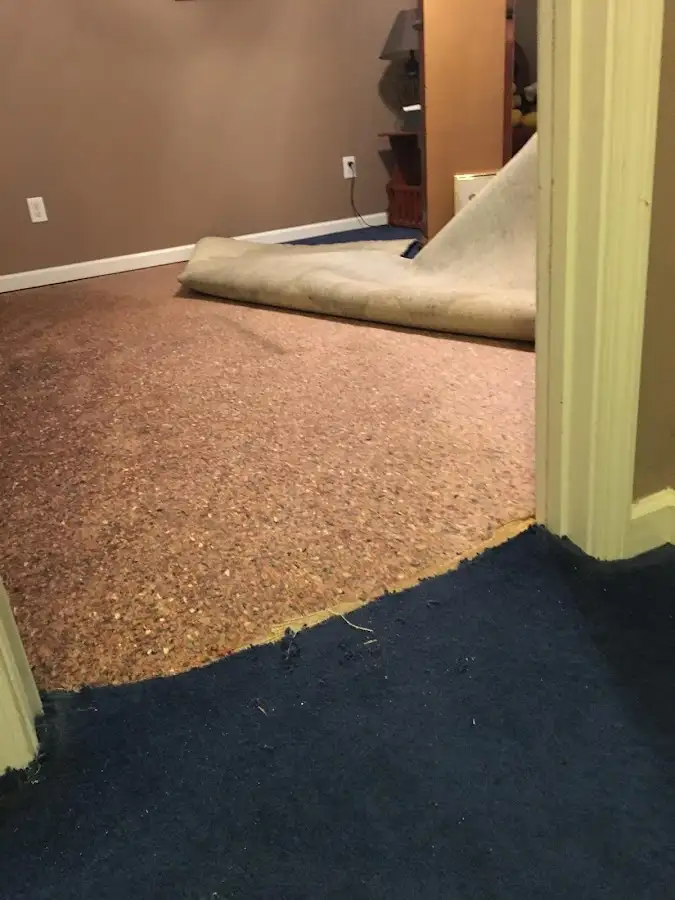 Carpet pad removal revealing water damage during Water Mitigation Services in Cottage Lake